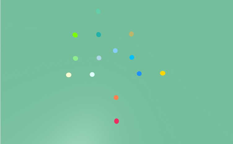 An abstract arrangement of 13 colored dots on a green background, forming a loose arrow or tree-like shape pointing upwards. The dots vary in color, including shades of green, blue, yellow, orange, and red, and are spread out with some closer together, giving a sense of layered depth and subtle gradient.